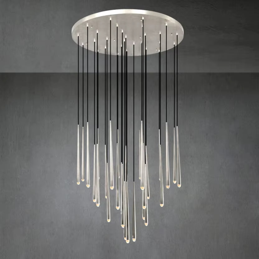 Modern conical metal chandelier with LED lights and crystal accents for living room or bedroom