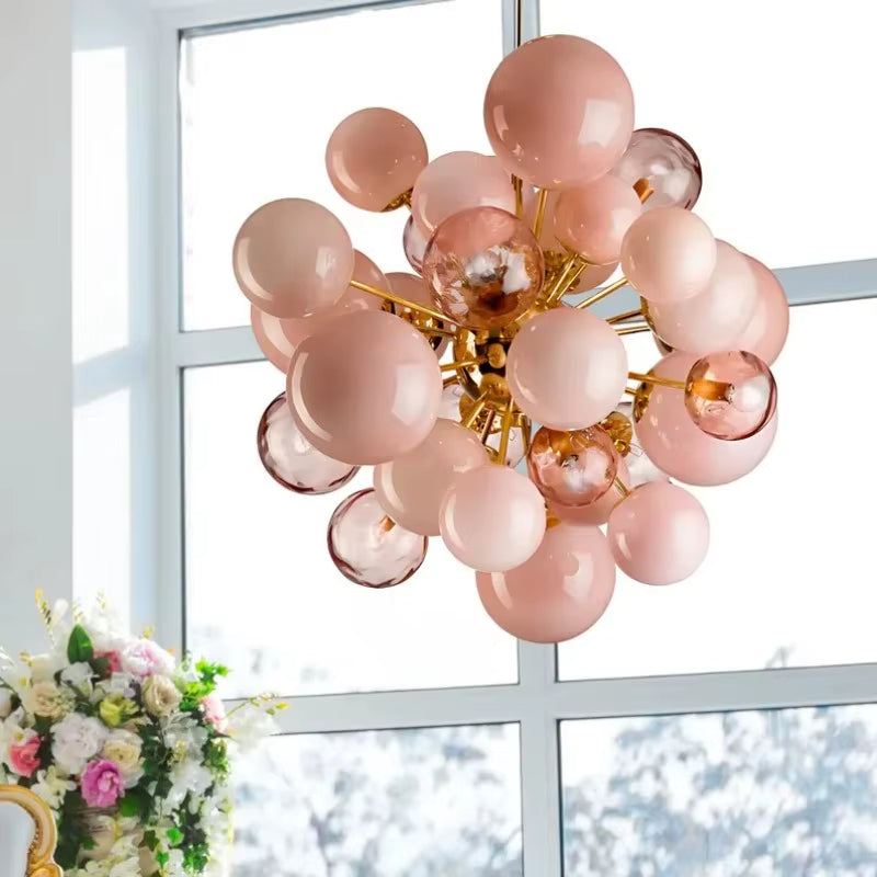 Pink Bubble Glass Chandelier modern metal and glass light fixture with E14 LED bulbs for living room or bedroom