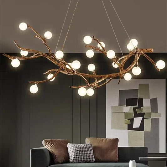 Modern tree branch chandelier with 42 frosted glass lights and adjustable hanging wire