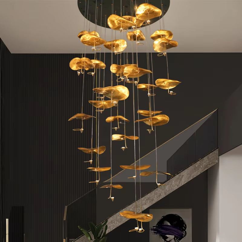 Copper gold lotus stair chandelier with LED lights and adjustable hanging wires in modern ironware design