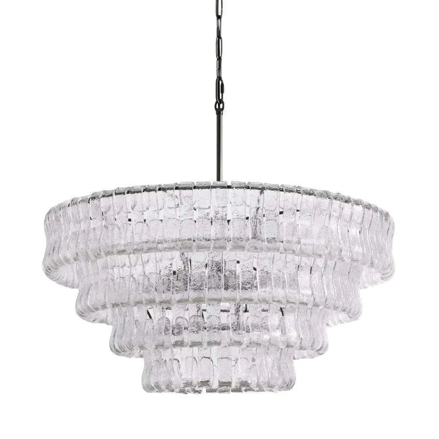 Ghiaccio Glass Round Chandelier with antique brass and matte black finish, features metal and glass design.
