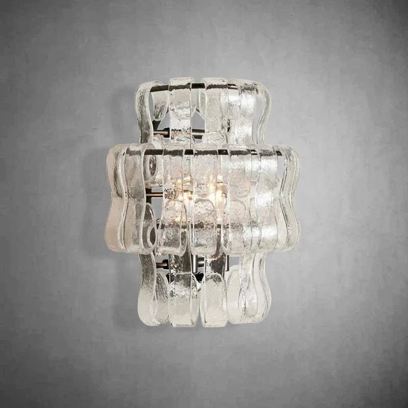 Ghiaccio Glass Wall Sconce in antique brass and matte black finish, featuring metal and glass design, 12.5" width, two dimmable bulbs, ideal for home and hospitality spaces.