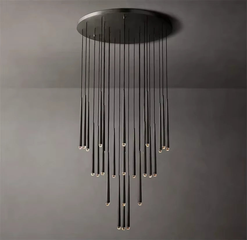 Modern conical metal chandelier with stainless steel and crystal LED lights in warm and cold tones