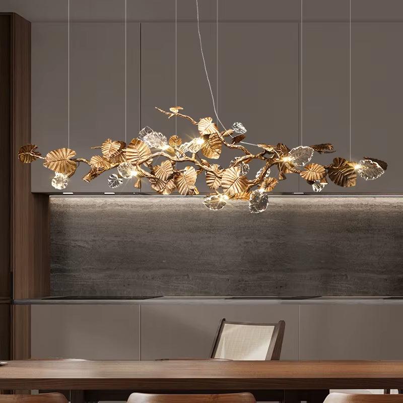 Modern brass glass leaf chandelier with LED warm and cold light for living or dining room