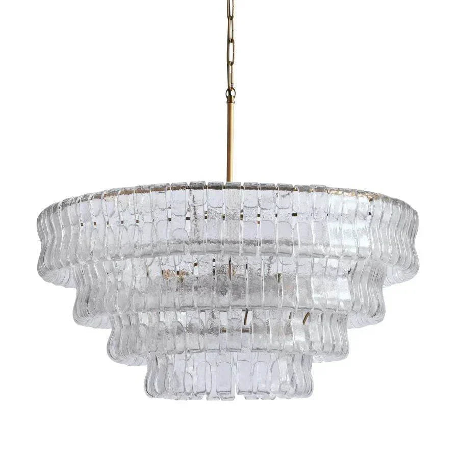 Ghiaccio Glass Round Chandelier with antique brass finish, featuring a metal and glass design suitable for various rooms.