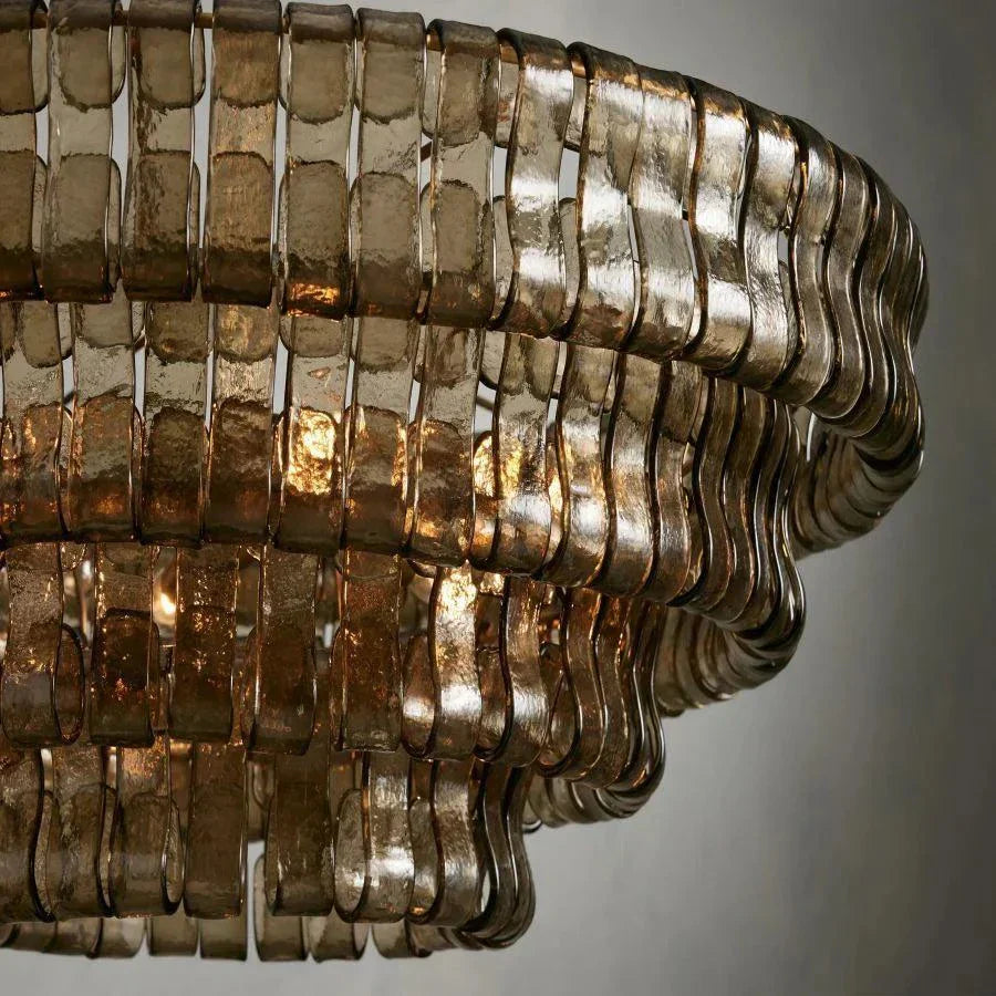 Ghiaccio Glass Round Chandelier in antique brass and matte black finish, featuring layered glass design.