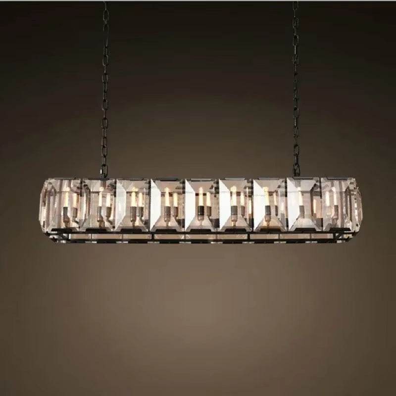 Farmhouse crystal rectangular chandelier with gold, chrome, and black metal frame and E12 candelabra bulbs