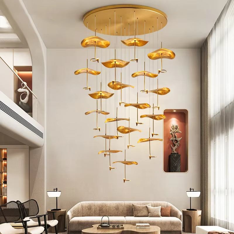 Modern copper gold lotus chandelier with 25 LED lights, adjustable hanging wires, and ironware body in spacious living room