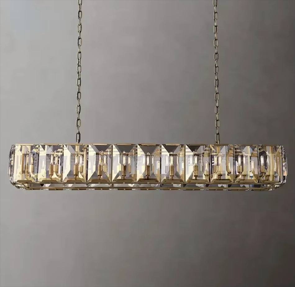 Farmhouse crystal rectangular chandelier with gold metal frame and glass panels hanging on chains