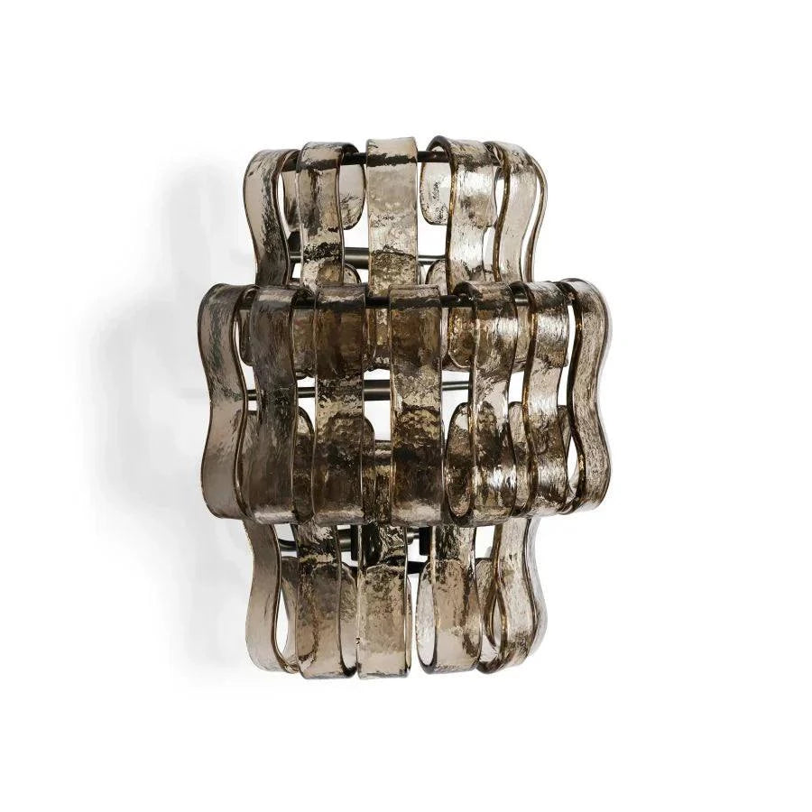 Ghiaccio Glass Wall Sconce in antique brass and matte black finish, featuring metal and glass construction with two E12 bulbs.