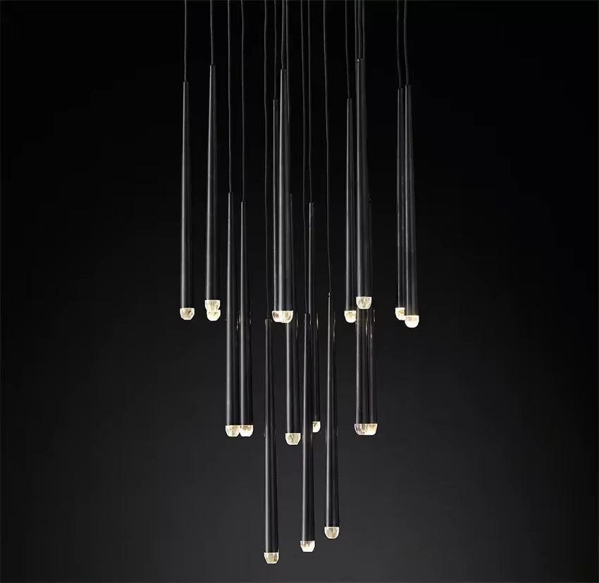 Modern conical metal chandelier with stainless steel and crystal, LED warm and cold light options, ideal for living and dining rooms