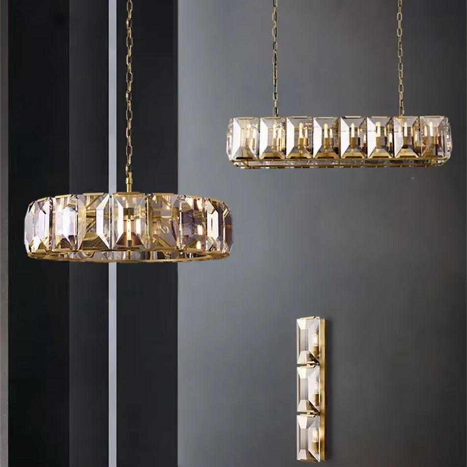 Farmhouse crystal rectangular chandelier with gold metal frame and clear glass crystals hanging in modern interior