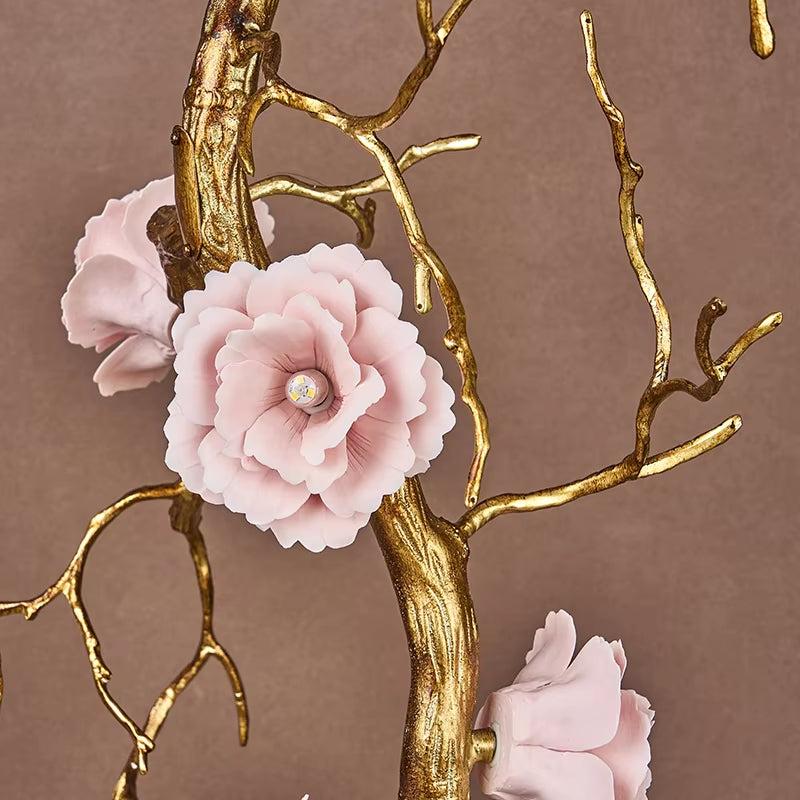 All-copper branch and ceramic flower chandelier with warm and cool light options in gold-brown finish