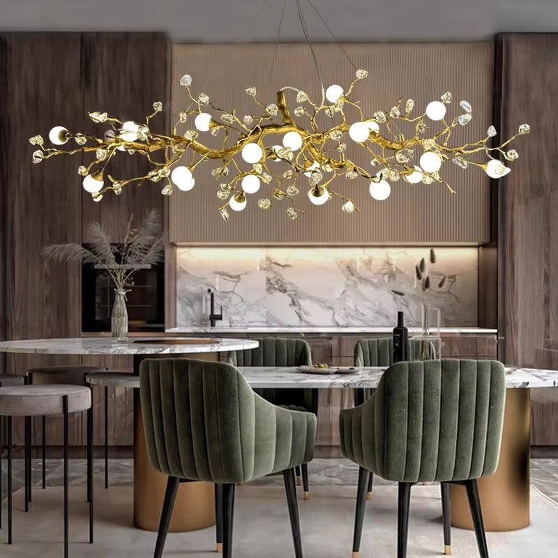 Elegant glass globe chandelier with floral copper design and adjustable suspension cable