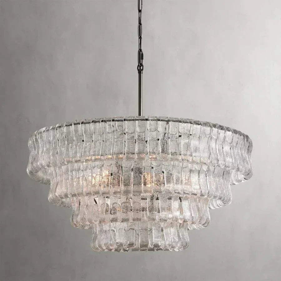 Ghiaccio Glass Round Chandelier with antique brass finish, 36" diameter, suitable for various rooms.
