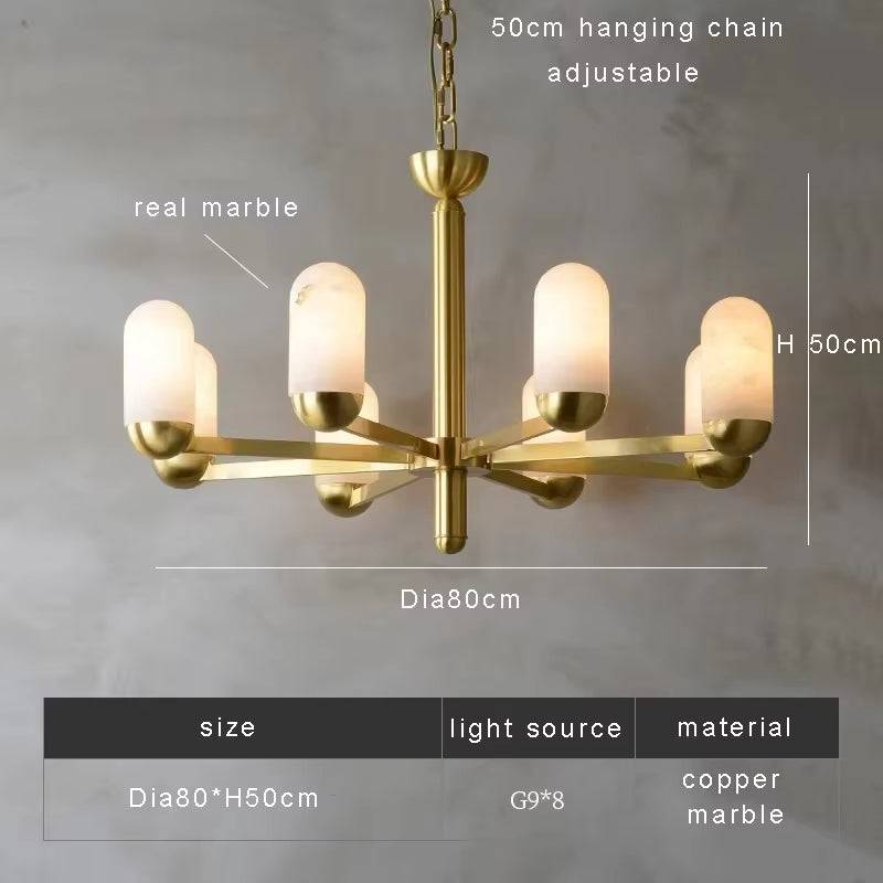 Spanish marble chandelier with adjustable hanging chain, real marble shades, and brass finish, 8-light 80cm diameter pendant mount