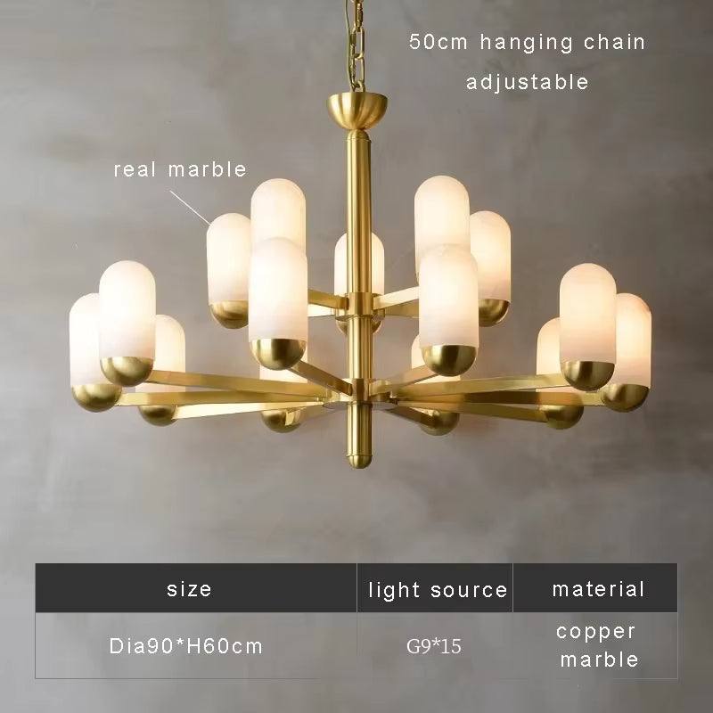 Spanish marble chandelier with 15 lights, adjustable 50cm hanging chain, natural marble and brass pendant mount design