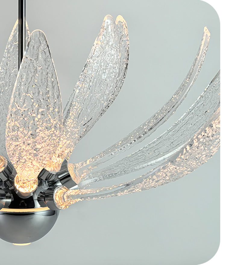 Modern metal and glass Petal Chandelier with LED bulbs and warm to cool light options