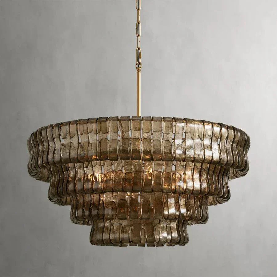 Ghiaccio Glass Round Chandelier with antique brass finish, metal and glass design.