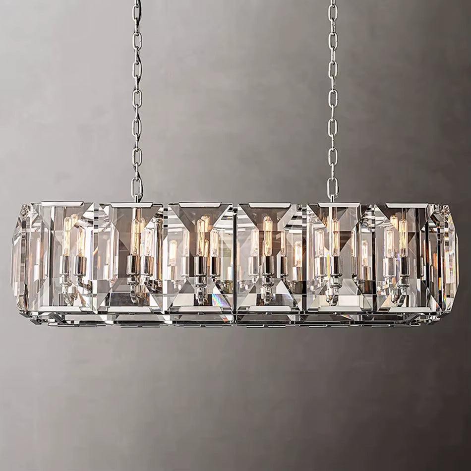 Farmhouse Crystal rectangular chandelier with metal and glass body and E12 dimmable bulbs hanging on chains