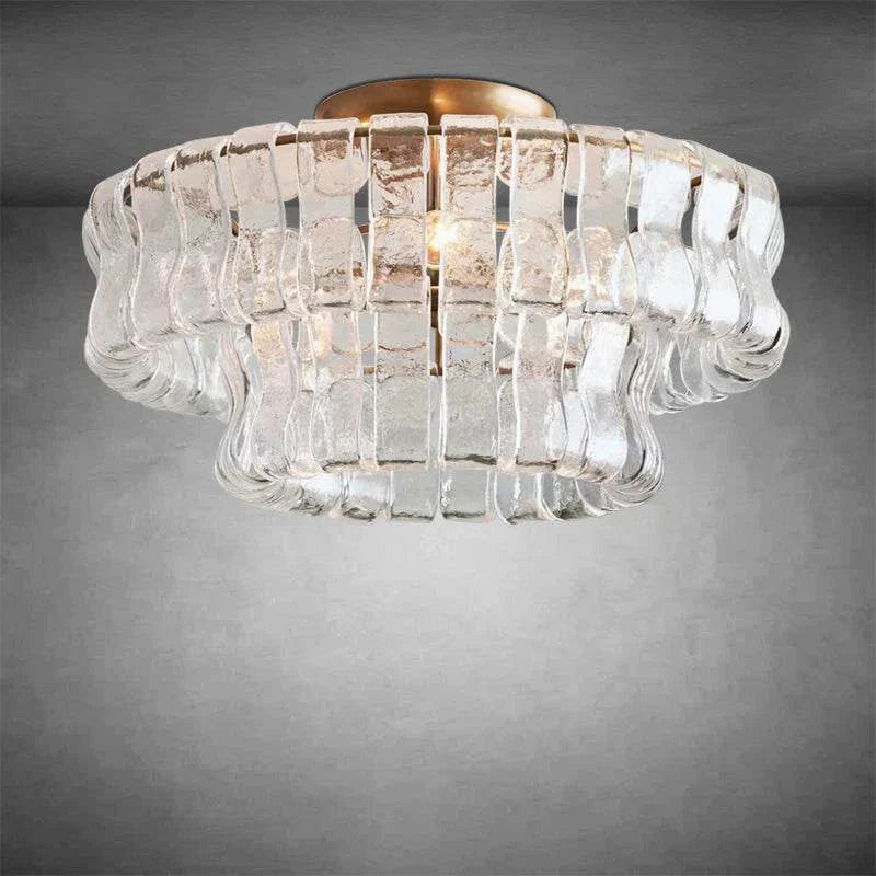 Ghiaccio Glass Flushmount with antique brass and matte black finish, metal and glass design, 18" diameter, uses 3 E12 dimmable bulbs.