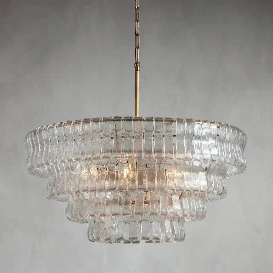 Ghiaccio Glass Round Chandelier with antique brass finish, featuring layered glass design and six bulbs.