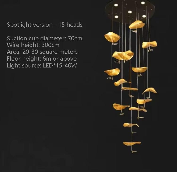 Copper gold lotus stair chandelier with 15 LED lights and adjustable hanging wire in modern ironware design