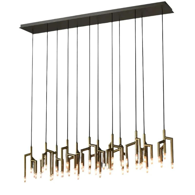 Modern tree branch ceiling light fixture with multiple hanging LEDs, gold finish.