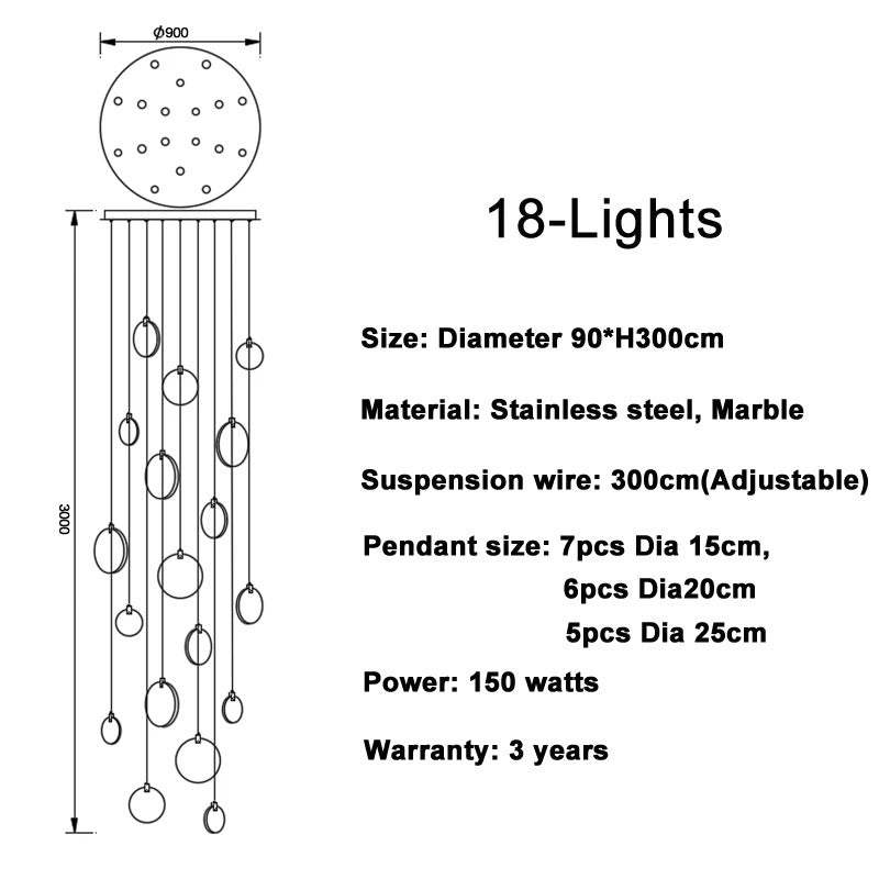 Snowflake Plaster Chandelier with 18 lights, stainless steel, and marble design featuring adjustable 300cm suspension wire.