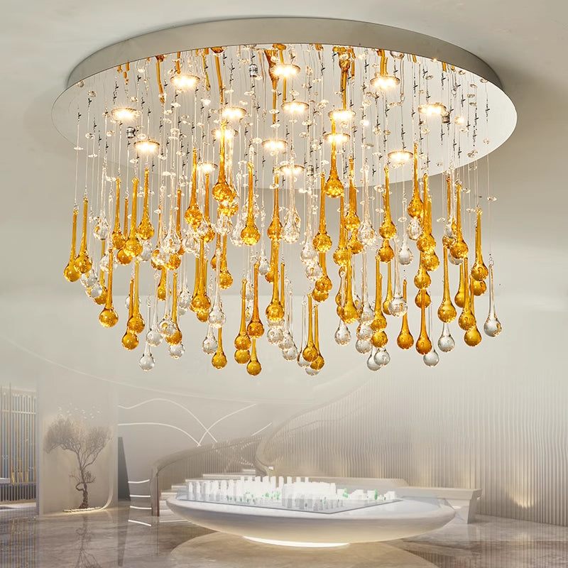 Pangli Ceiling Lamp with modern design, featuring metal and K9 crystal water drop pendants.