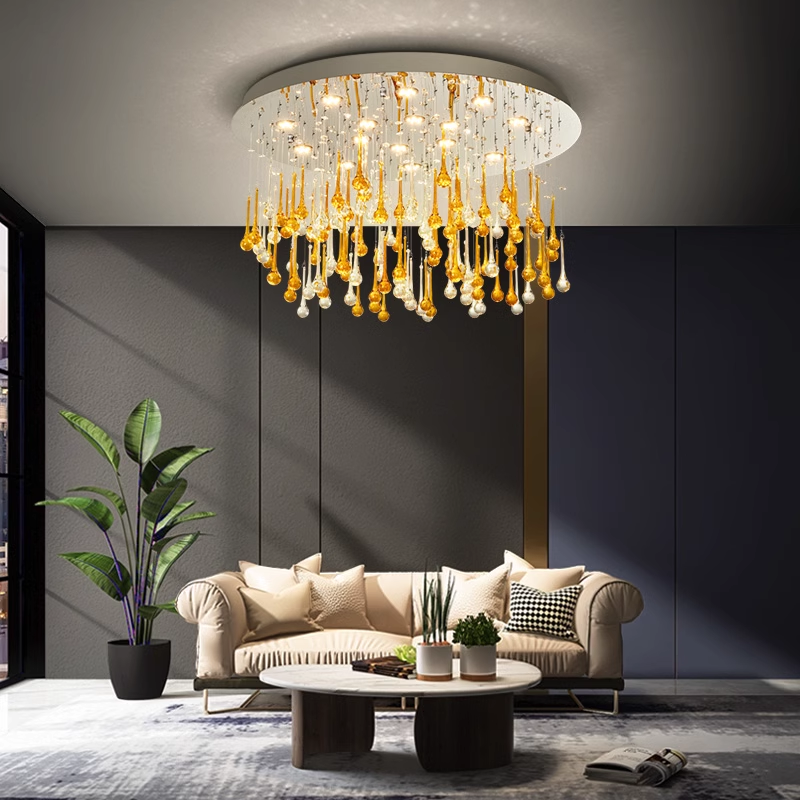 Pangli Ceiling Lamp with metal and K9 crystal design in a modern living room setting.