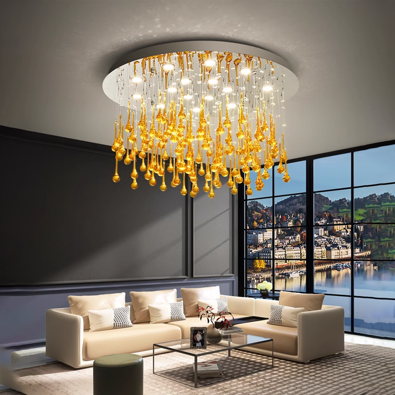 Pangli Ceiling Lamp in modern living room with gold water drop design.