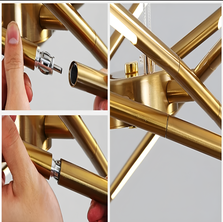 Modern LED pendant light with adjustable metallic spokes and easy assembly.