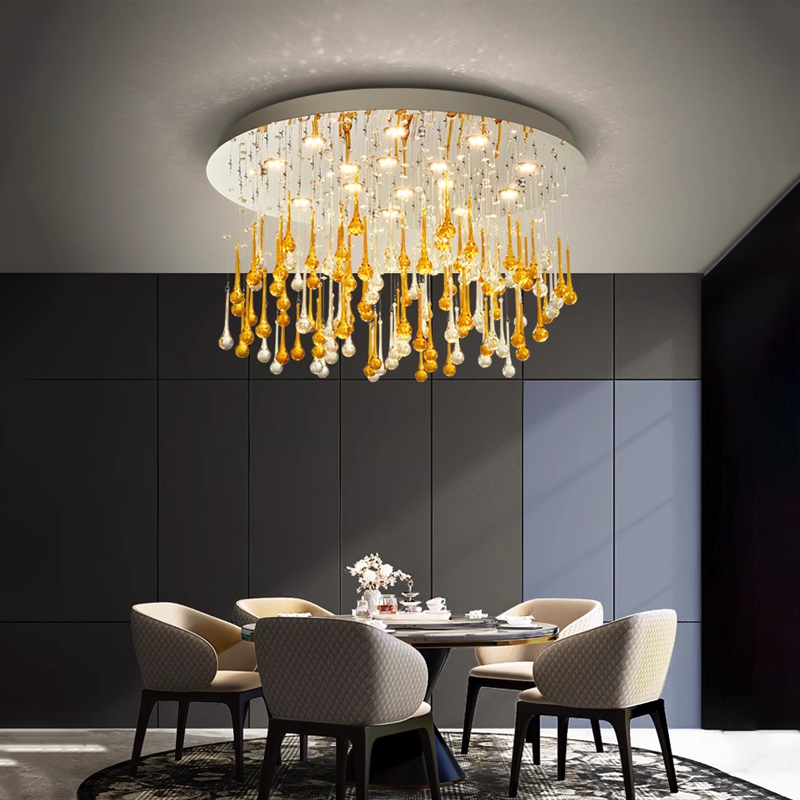 Pangli Ceiling Lamp with water drop crystals in a modern dining room.