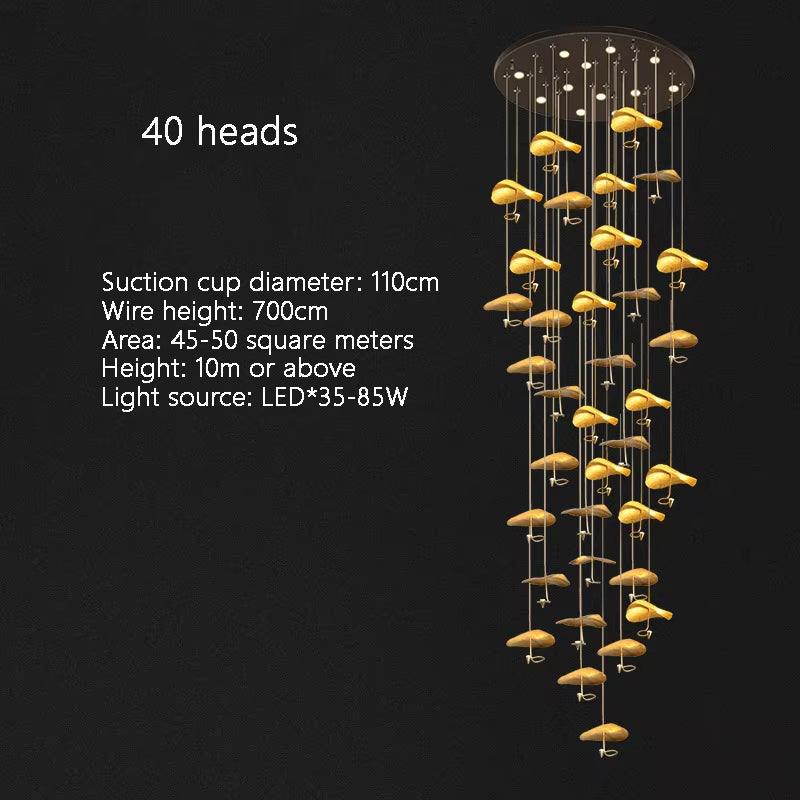 Copper gold lotus stair chandelier with 40 LED lights hanging on adjustable wires in a modern ironware design