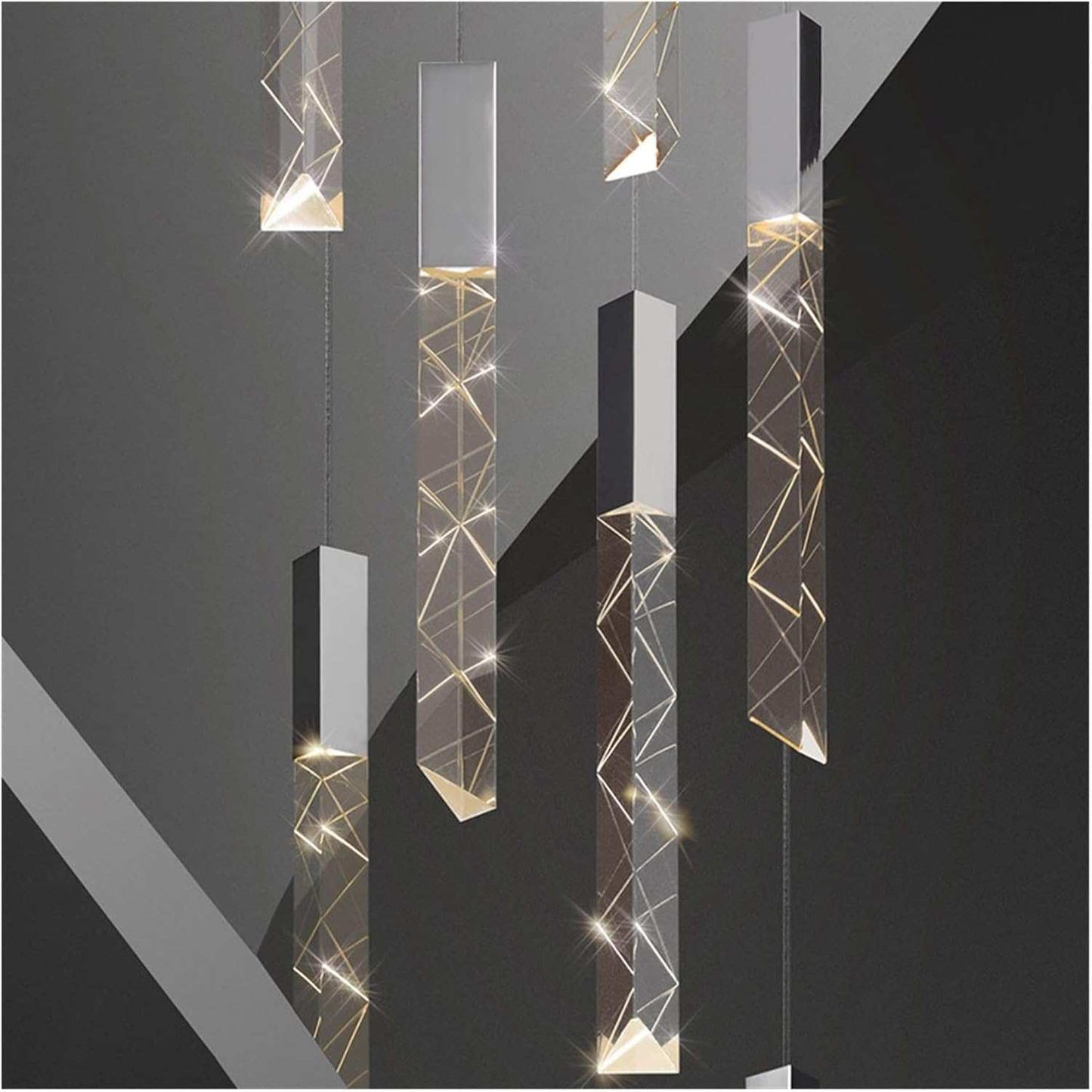 Modern Checkered Staircase Chandelier with stainless steel and crystal elements.