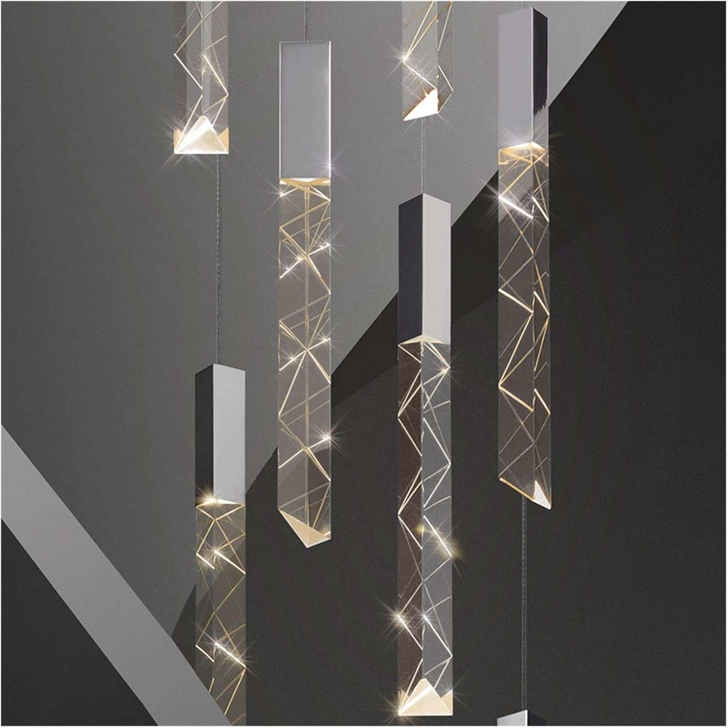 Modern Checkered Staircase Chandelier with stainless steel and crystal elements.
