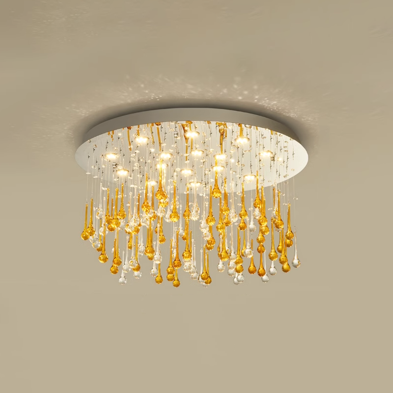 Modern Pangli Ceiling Lamp with gold water drop crystals, surface mount style.