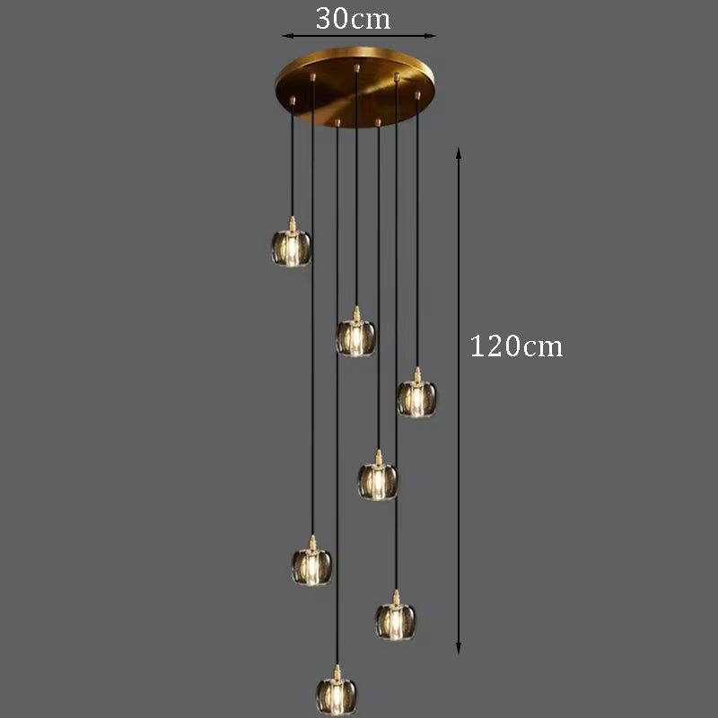 Bubble crystal lamp with 7 adjustable heads, 30cm diameter, 120cm height, ironware and crystal materials.