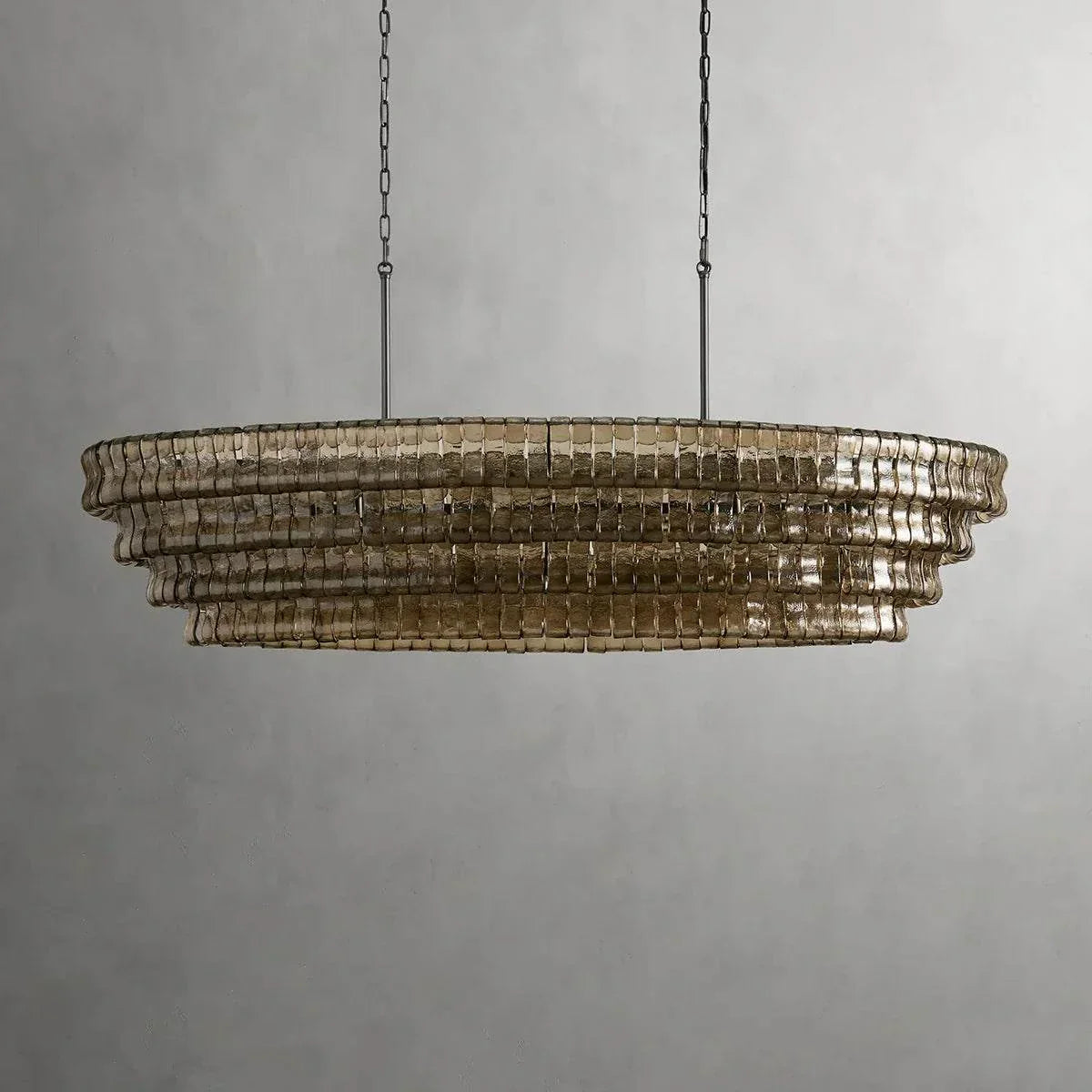 Ghiaccio Glass Oval Chandelier with metal and glass design, perfect for dining and living rooms.