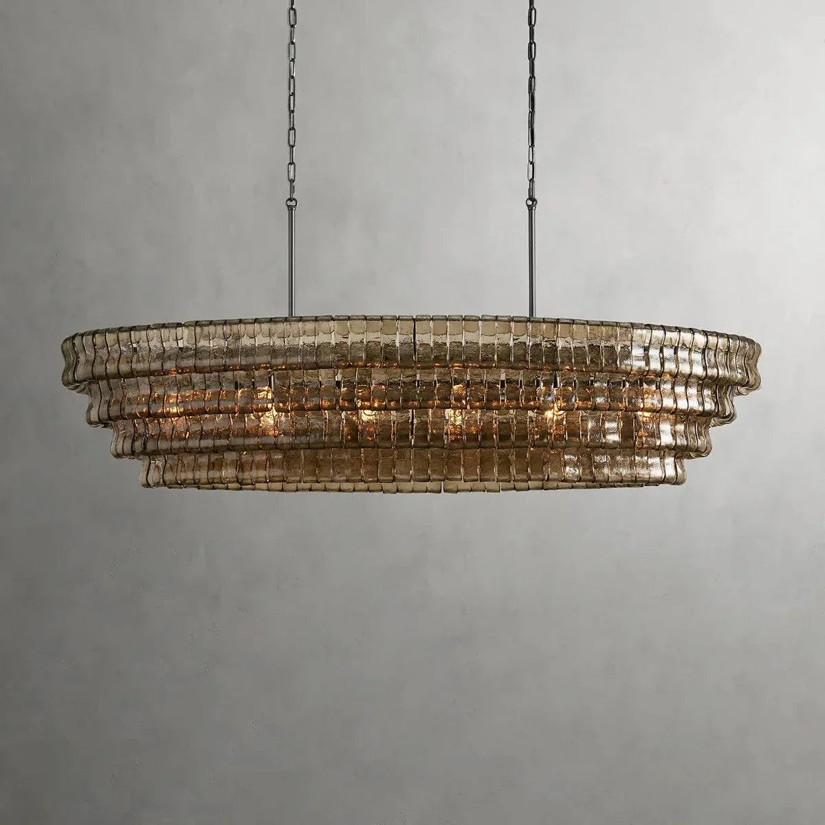 Ghiaccio Glass Oval Chandelier with metal and glass design, suitable for hotels and dining rooms.