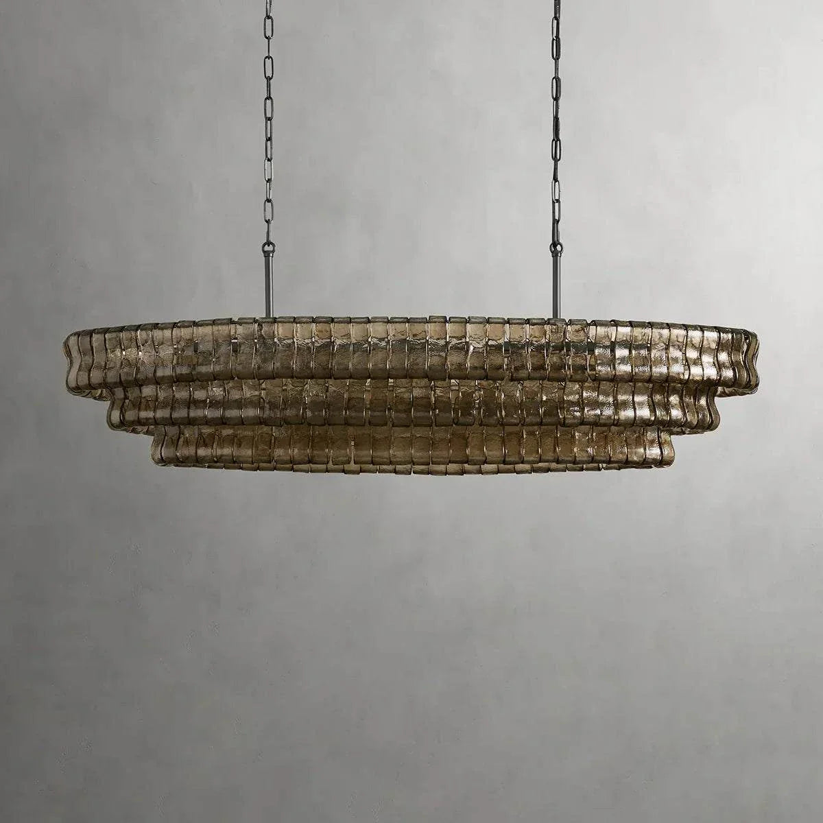 Ghiaccio Glass Oval Chandelier with metal and glass design, 12 bulb capacity.