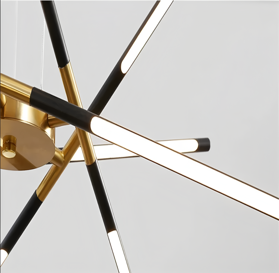 Modern LED pendant light with gold and black metal-acrylic design.