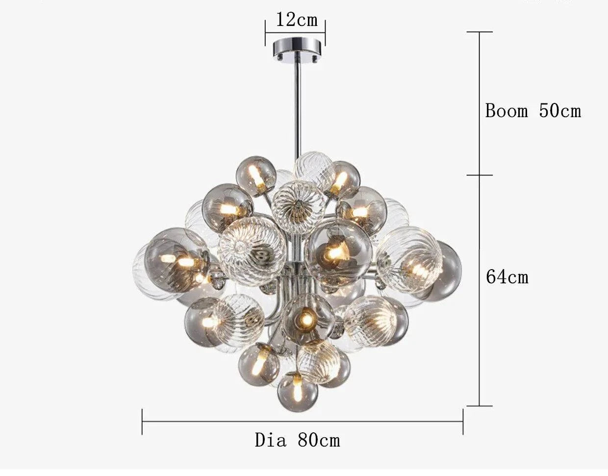 Modern Glass Bubble Chandelier with chrome finish, 80cm diameter, featuring 18 LED bulbs.