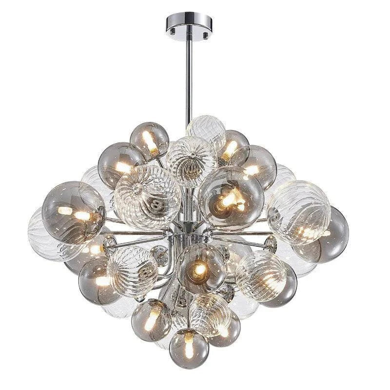Modern glass bubble chandelier with chrome finish featuring multiple LED bulbs, surface mount installation.