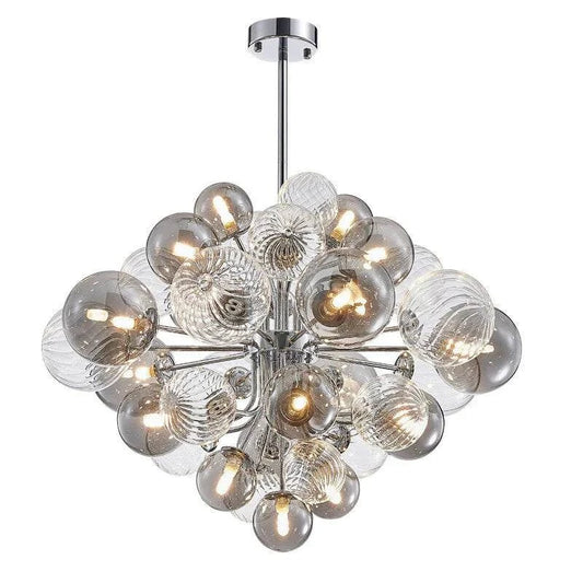 Modern glass bubble chandelier with chrome finish featuring multiple LED bulbs, surface mount installation.