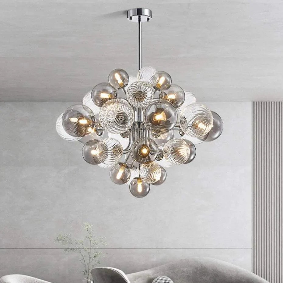 Modern Glass Bubble Chandelier with chrome finish and LED bulbs, featuring a surface mount modern design.