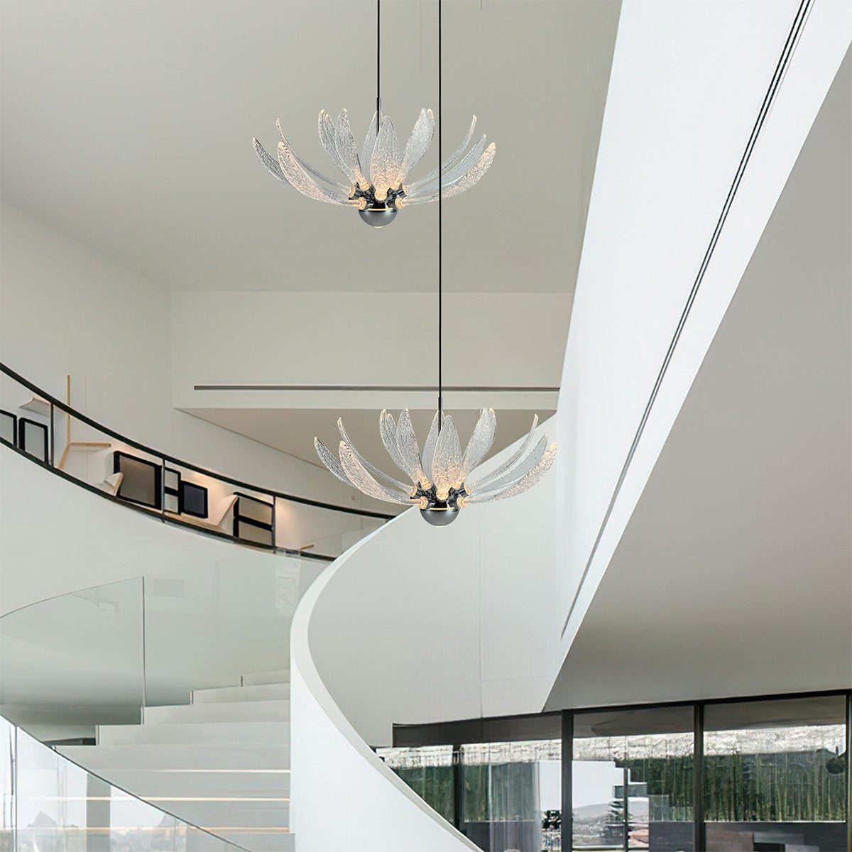 Modern Petal Chandelier with metal and glass petals and LED bulbs in a bright living space
