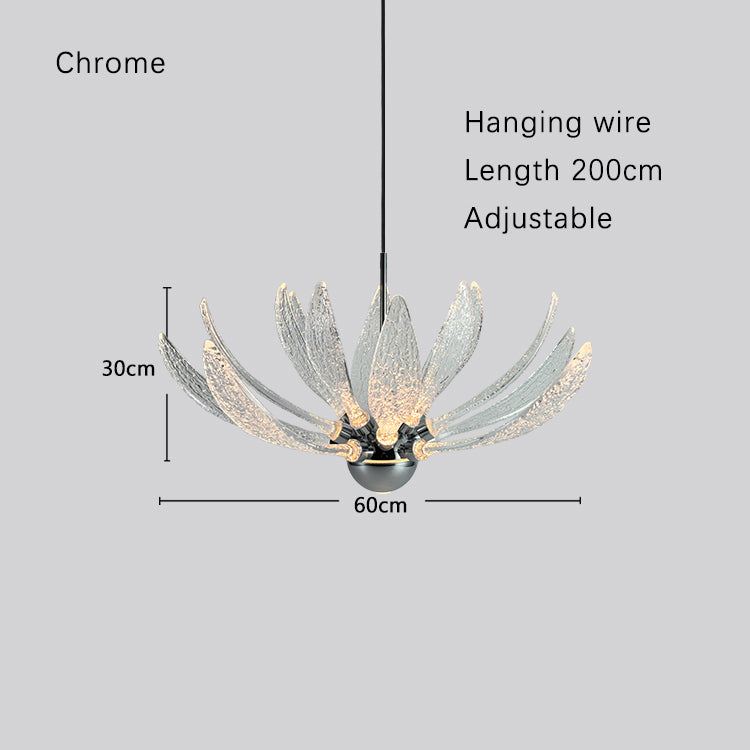 Modern Petal Chandelier with chrome metal and glass petals, adjustable 200cm hanging wire, LED light source with warm and cool color temperatures