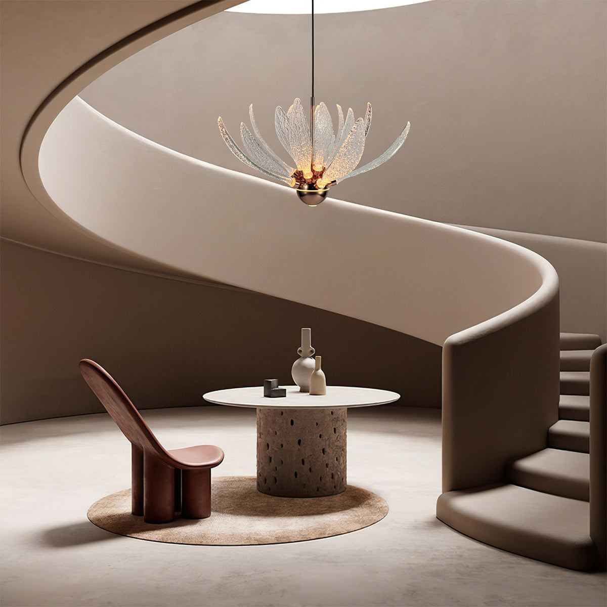 Modern Petal Chandelier with metal and glass petals hanging in minimalist room with curved staircase